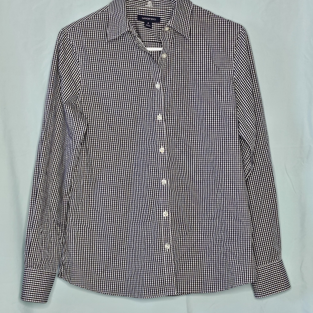 Lands' End Women's Black and White Gingham Shirt